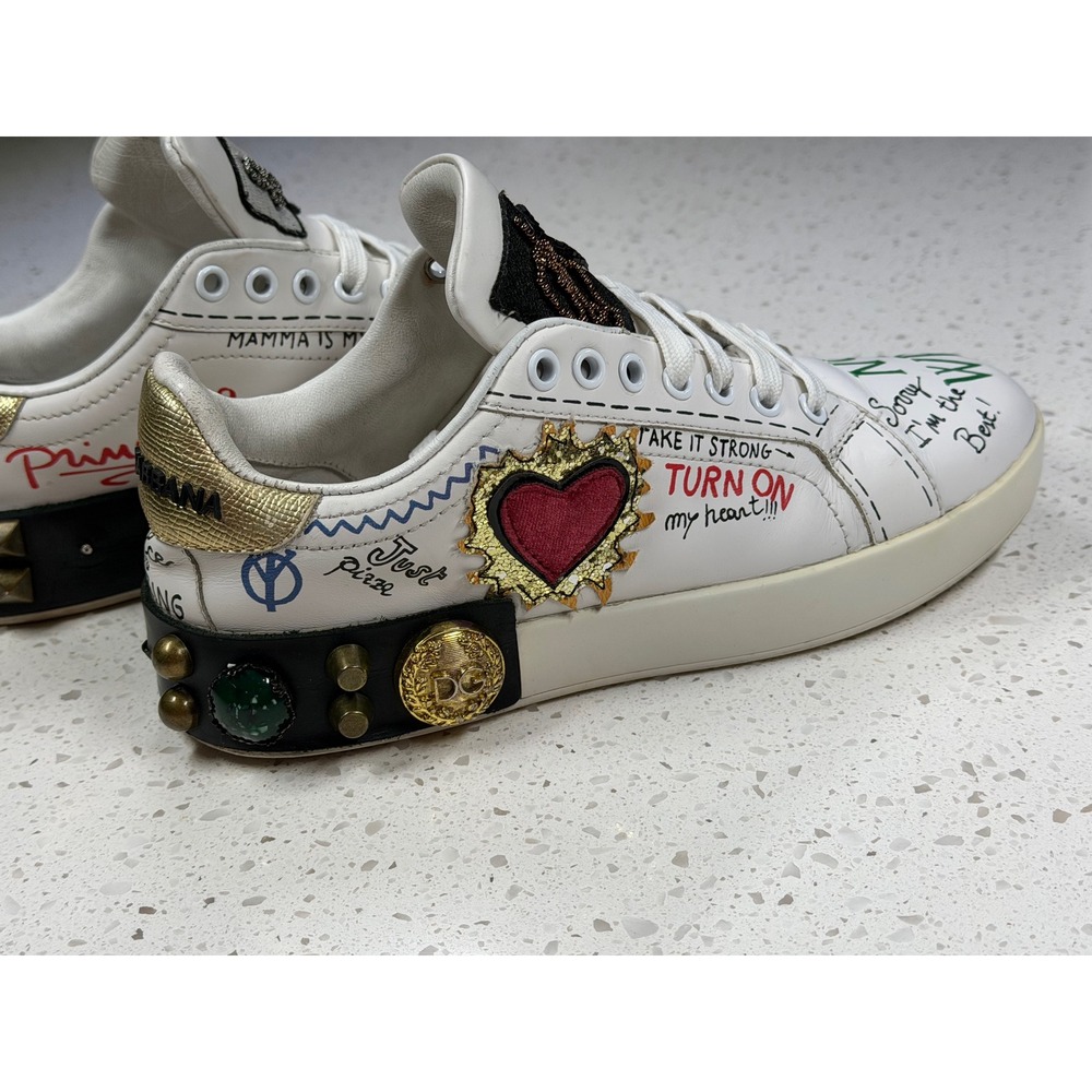 Dolce & Gabbana Portofino Graffiti Studded Leather Sneakers White Gold Womens 7